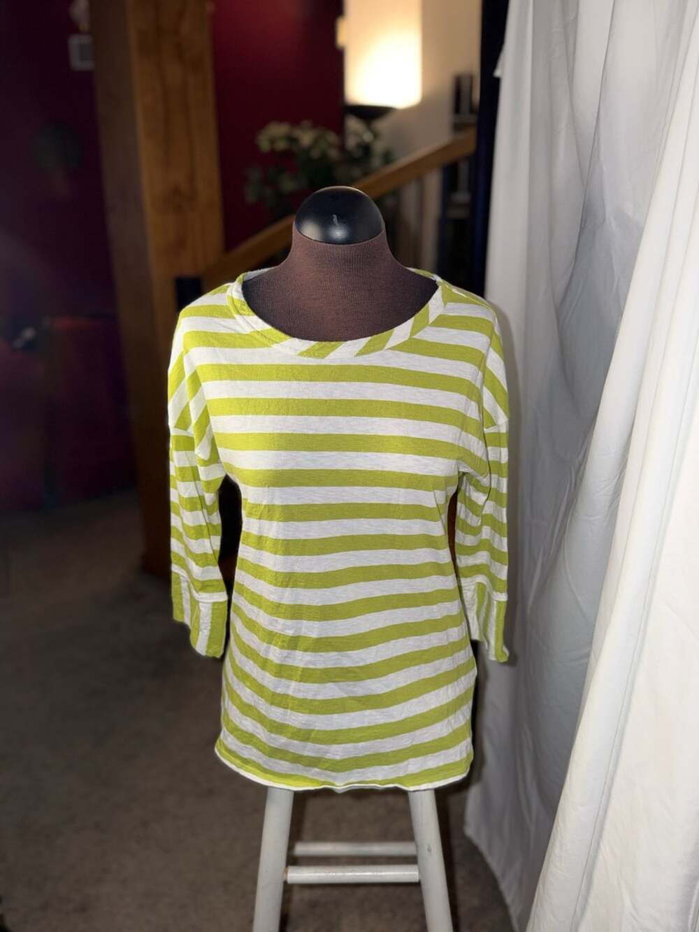 Lands' End Green White Striped 3/4 Sleeve Cotton Supima Tunic